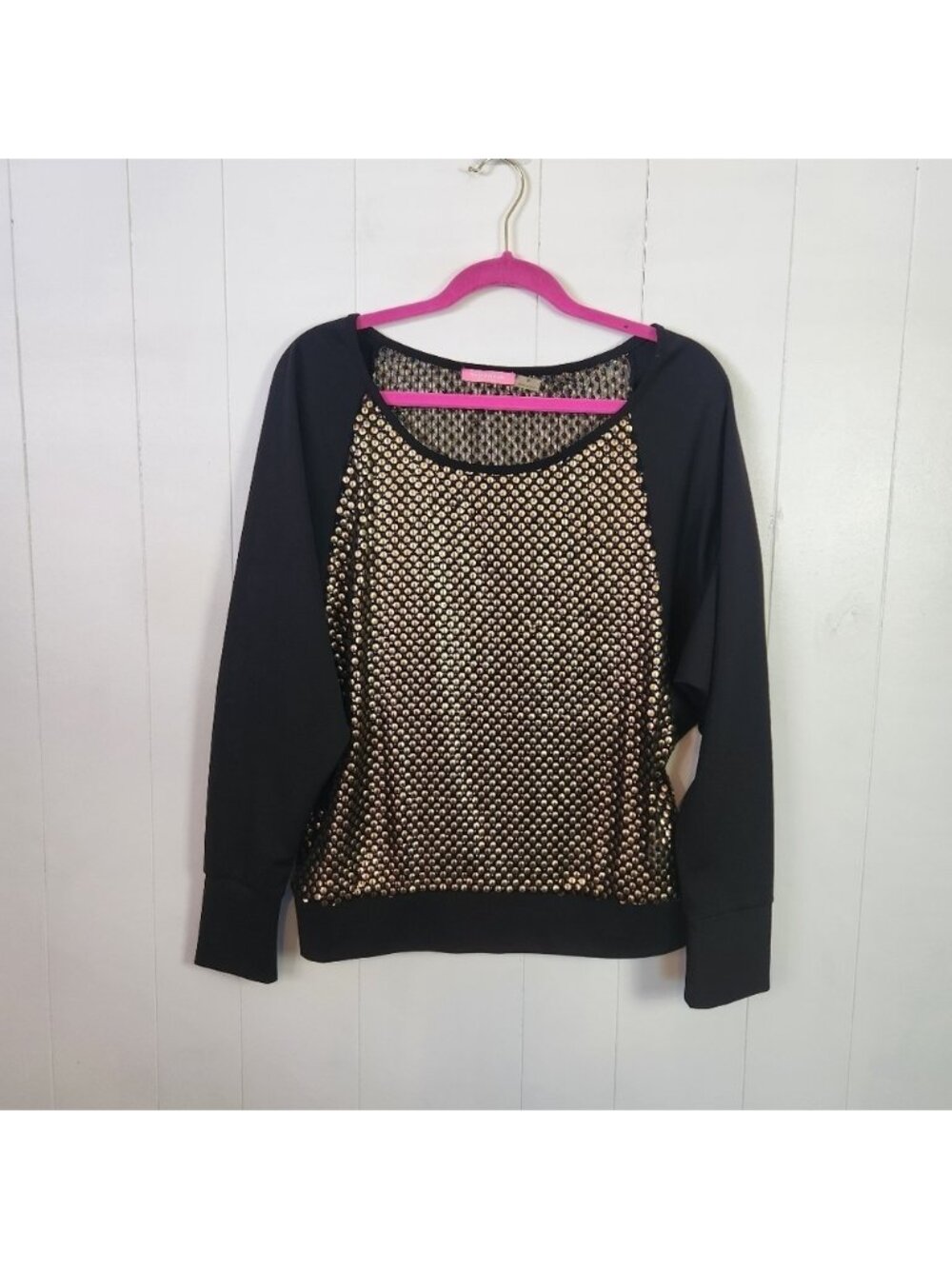 Isaac Mizrahi Black Ponte Gold Sequin Crew Pullover Sweatshirt New Size Medium